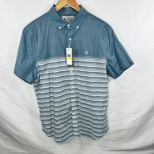 Penguin Striped‎ Stretch Short Sleeve Button Up Casual Shirt Mens Size M, NWT